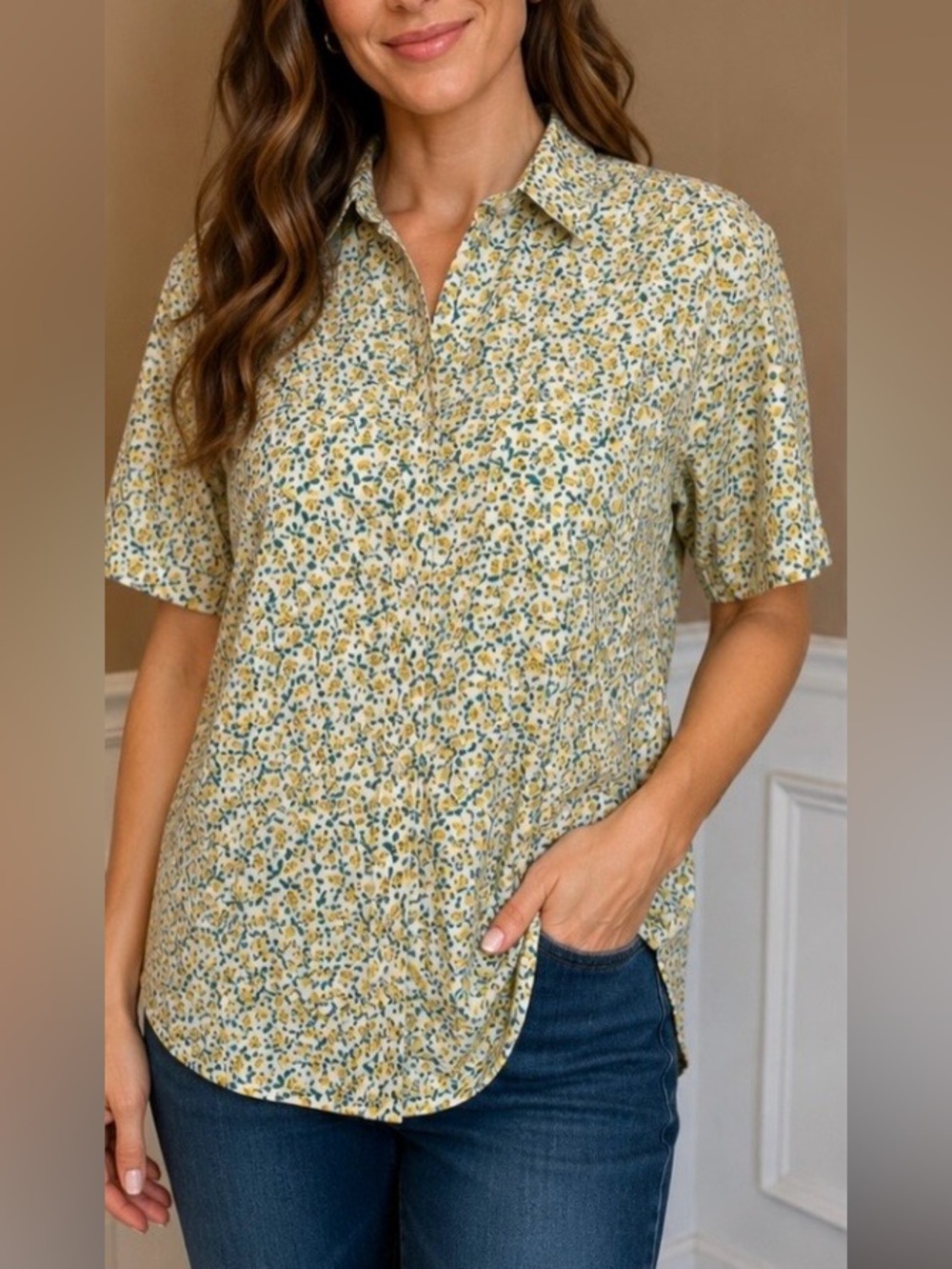 Henry Grethel Floral Button Front Shirt Size 6 Cotton Short Sleeve Vintage